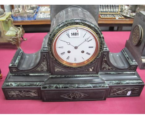 A Late XIX Century Slate and Green Marble Mantle Clock, of stepped rectangular form with fluted sides, the white enamel dial 