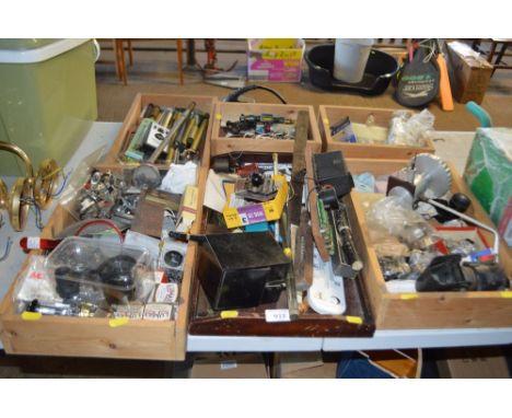 Six trays of various electrical components; glass rods; morse code machine; thermometer etc