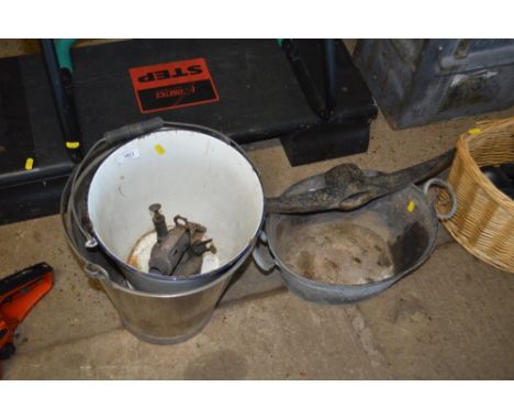 An enamel pail; a brass blow lamp; galvanised bath  AF etc.