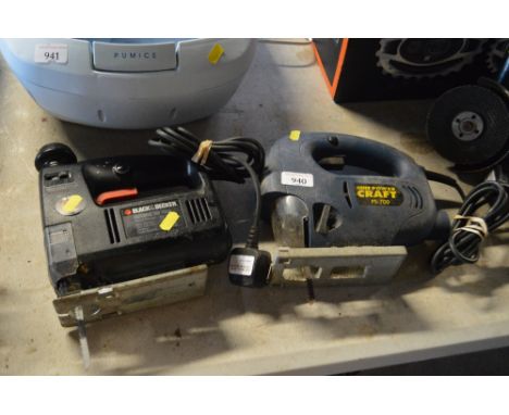 A Powercraft angle grinder; together with a Powercraft jigsaw and Black &amp; Decker jigsaw
