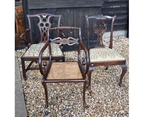 Lyre back mahogany chair with rope seat and sabre legs to/w a Hepplewhite style dining chair with tapestry seat pad with flor