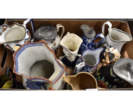 Ten antique and later ceramic jugs, three fitted with pewter lids, including 'Epsom Cup' jug with polychrome lustre decoratio