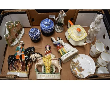 Mixed antique and later decorative ceramics including Sitzendorf figure of a shepherd, three Staffordshire flatbacks and Cast