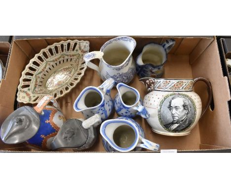 A19th century Wedgwood jug commemorating the death of Benjamin Disraeli (1881) with printed portrait, polychrome floral bandi