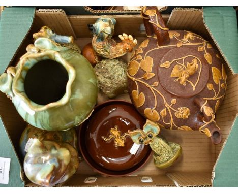 A large David Cleverley pottery mouseware brown glazed teapot and cover to/w matching butter dish with mice finials and a col