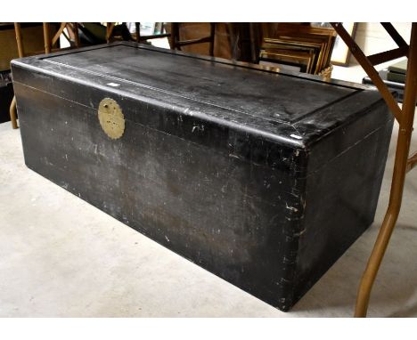 An early 20th century Chinese black painted camphorwood trunk a/f 56 cm w x 44 cm h x 120 cm l