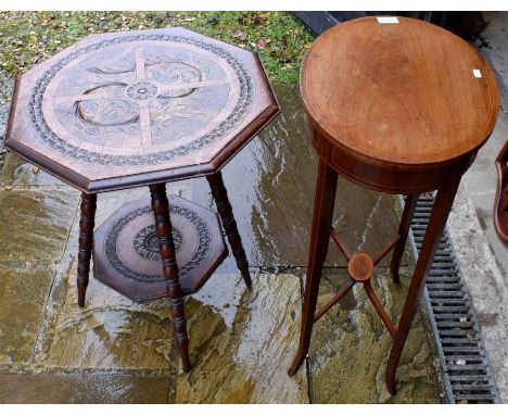 An Edwardian walnut oval occasional table to/w octagonal carved oak occasional table on bobbin turned supports (2)