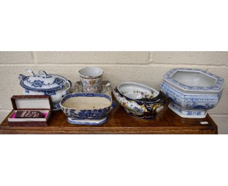 A 19th century blue and white lidded sauce tureen, stand and ladle with printed decoration, Chinese marble seal (boxed) and s