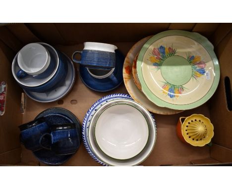 A collection of 20th century decorative ceramics including blue glazed Denby pottery, Clarice Cliff Crocus pottery plate, Car