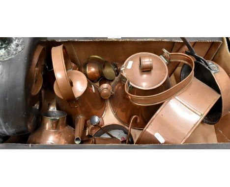 Various antique copper-ware to/w brass oil lamp with etched shade, to/w a quantity of other brassware, spelter figure, alumin