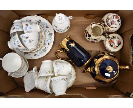 A Ridgway 'Colcough' bone china part tea service (pa no 8162) with floral printed and gilded decoration to/w six Staffordshir