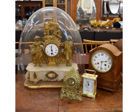 A late 19th century French gilt metal and alabaster figural mantel clock c/w giltwood stand and 50 cm glass dome (associated)