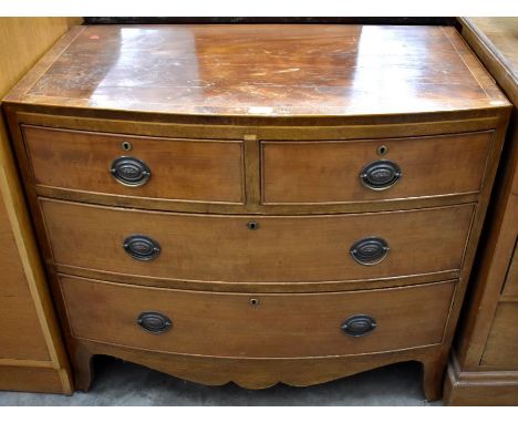 A small 19th century mahogany crossbanded chest of two short over two long drawers raised on splayed bracket feet 90 cm w x 5