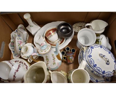 Two boxes of antique and later decorative ceramics and tablewares including large blue and white printed Burslem lidded soup 