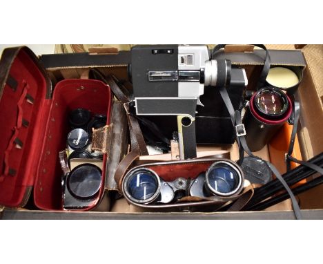 A pair of Hilkinson 12 x 50 wide angle binoculars with leather case to/w two Tamron lenses, Sankyo Super CM400 cine camera wi