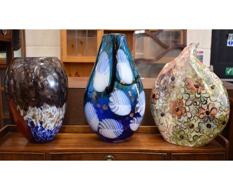 A Studio pottery lustre glazed pebble vase with polychrome floral decoration to/w two art glass vases (3)