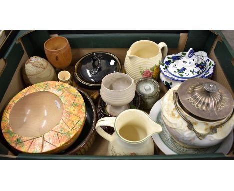 A vintage 1950s Crown Devon coffee service, pink and green with gilded detailing (six settings) to/w German gilded china part