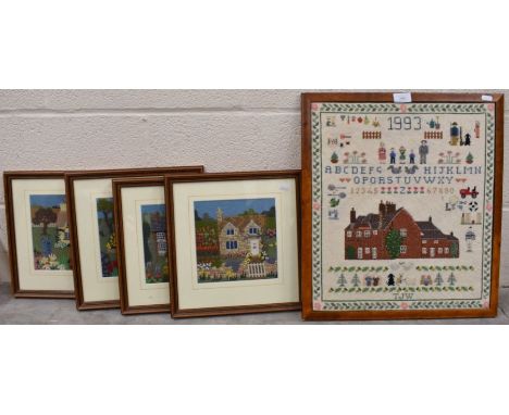 Four tapestry/needlepoint pictures of cottages to/w tapestry sampler dated 1993 (5)