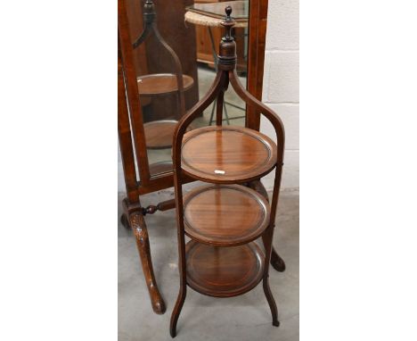 A Regency mahogany inlaid three tier cake stand, 96 cm high to/w mahogany tapestry seat stool (2)