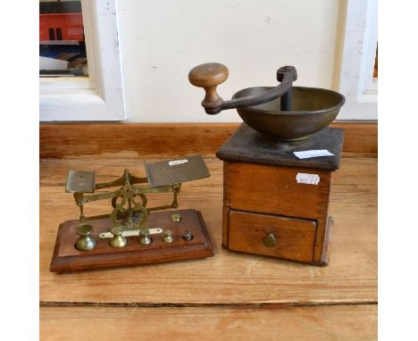 A set of brass postage scales with weights on mahogany base to/w antique coffee grinder (2)