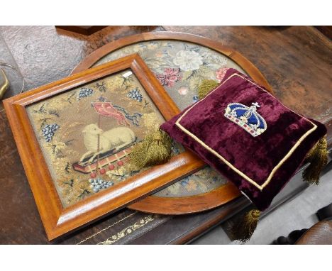 Two 19th century tapestry panels, framed and glazed, 53 cm diam x 35 cm (2)