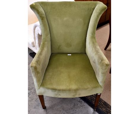 Edwardian mahogany framed bedroom/parlour armchair, light green draylon upholstery and tapering square legs with castors