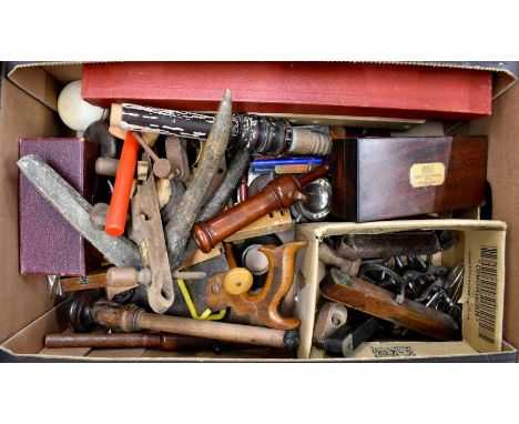 Box of assorted tools, clamps, Sikes Hydrometer Hatton Garden; brass bound spirit levels, Stanley knife box, hand saw etc