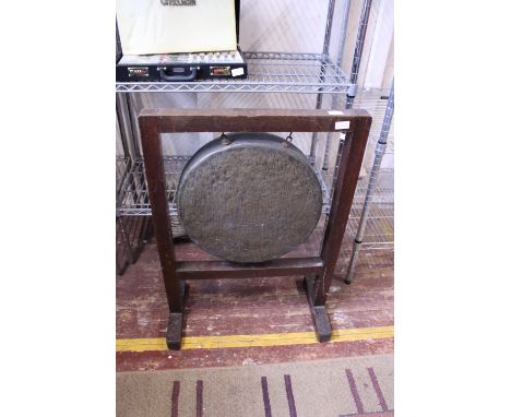 A vintage large brass dinner gong on wooden frame, shipping unavailable 