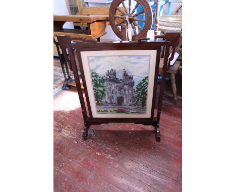 A vintage mahogany firescreen with tapestry inlay, shipping unavailable 