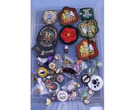 A job lot of assorted enamel badges, badges and cloth patches 