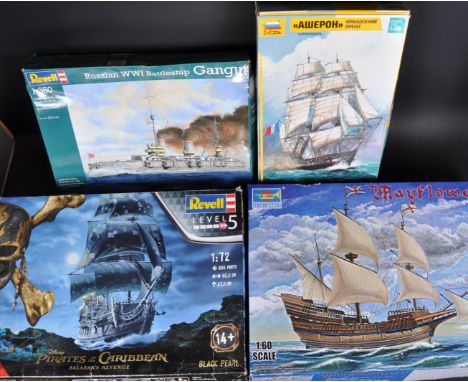 A collection of x4 assorted plastic model kits comprising; Revell 1/350 scale Russian WWI Battleship Gangut, Revell 1/72 scal