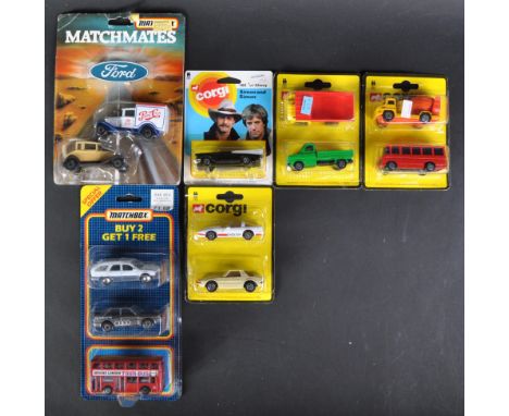 A collection of vintage carded Matchbox and Corgi diecast model cars and other vehicles comprising; x3 Corgi double packs, Co