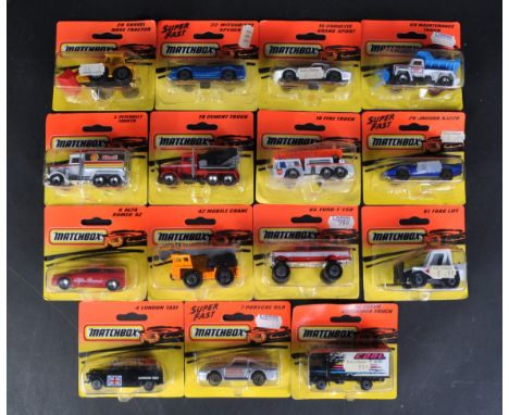 A collection of x15 vintage carded Matchbox / Matchbox Superfast diecast cars and other vehicles to include; 15 Corvette Gran