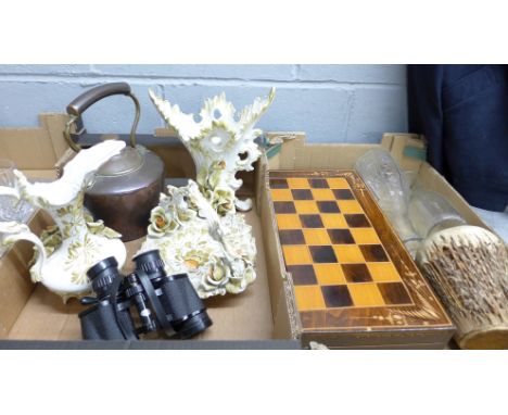 Two boxes of glassware, chess set with board, copper kettle, Tasco 7x-15x35 binoculars, Capodimonte and a small drum **PLEASE