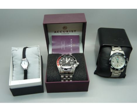 Three wristwatches;- Accurist, Petronas and a lady's Timex 
