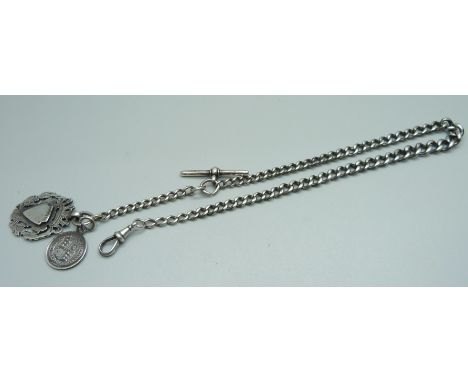 A silver Albert watch chain with fob and Victorian coin, 47g 