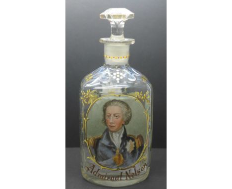 A Dutch painted and enamel glass decanter with portrait of 'Admiraal Nelson' 