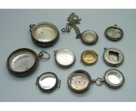 Pocket and fob watch cases, mainly silver and two trench watch cases 