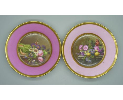 Two 19th Century similar hand painted porcelain trinket dishes with decorations to the centre of fruit and flowers, pink grou