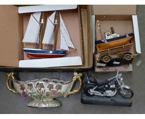 Two wooden model boats, a wooden car, model motor bike with integral clock and a table  **PLEASE NOTE THIS LOT IS NOT ELIGIBL