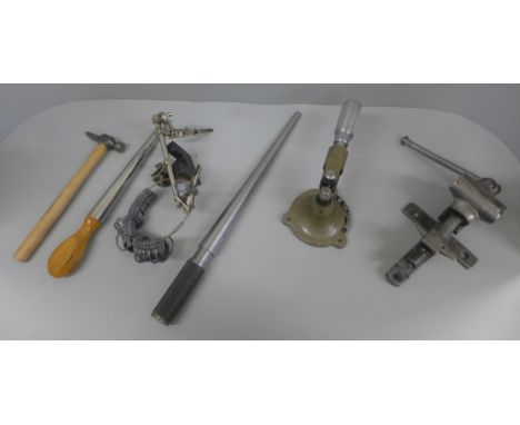 Jeweller's tools:- a ring stretcher, jeweller's vice with anvil, hammer, ring sizer, ring gauges and a hobby tool 