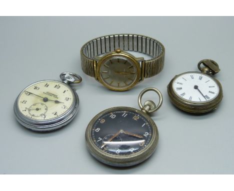 A railway pocket watch, a military pocket watch, a Timex wristwatch and a pedometer 