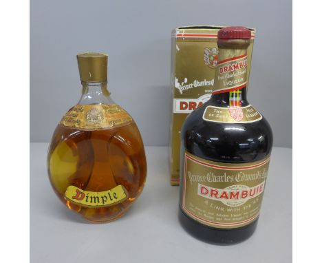 A bottle of Dimple De Luxe scotch whisky and a bottle of Prince Charles Edward's Drambuie liqueur 