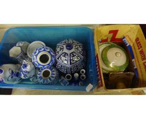 Two boxes of blue and white china and other mixed china including Wedgwood Jasperware, Aynsley and Hammersley 