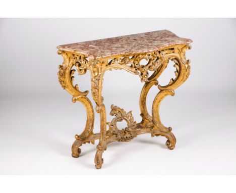 A D.José console tableCarved and gilt wood of foliage motifs decorationMarble topPortugal, 18th century(minor losses and faul