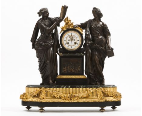 A large table clockBronze and marbleEnamelled dial of Roman numbering, flanked by two figures allusive to Science and the Art