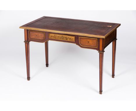 A deskMahogany and fruitwoods veneerMarquetry decoration and bronze mountsThree drawers and engraved leather lined writing to