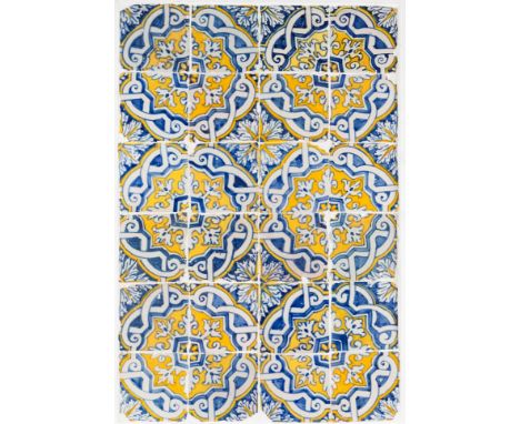 A tile panelYellow and blue "carpet pattern" decoration48 tilesPortugal, 17th century(faults and restoration)14x14 cm (cada a