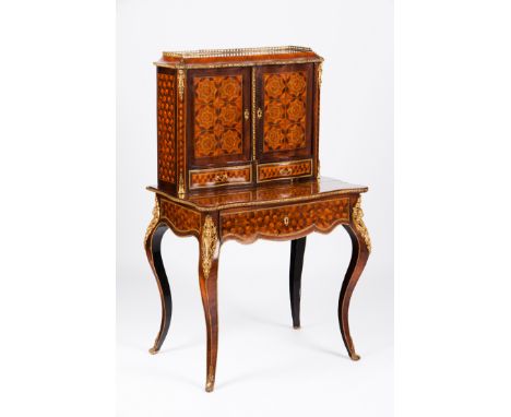 A Napoleon III bonheur du jourMahogany, burr mahogany and various timbers marquetryFloral and foliage decorationInner shelves