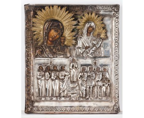 A Russian iconPainted on boardDepicting on the upper section the Virgin and Child and on the lower section Christ preaching t